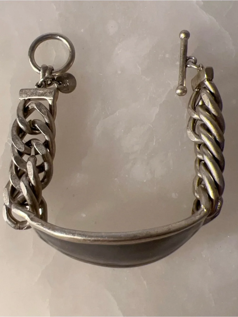 LOFT dark grey silver chunky toggle ID bracelet with Black oval centerpiece